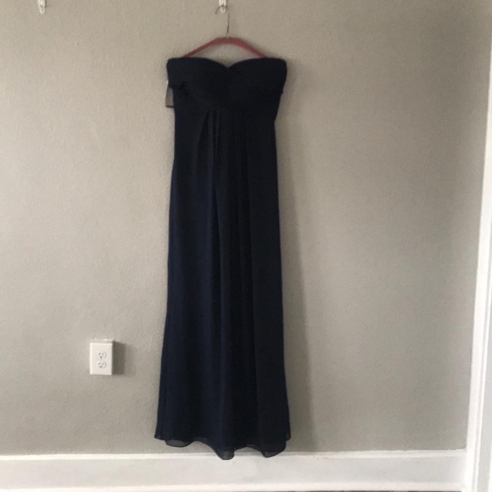 Long navy strapless gown